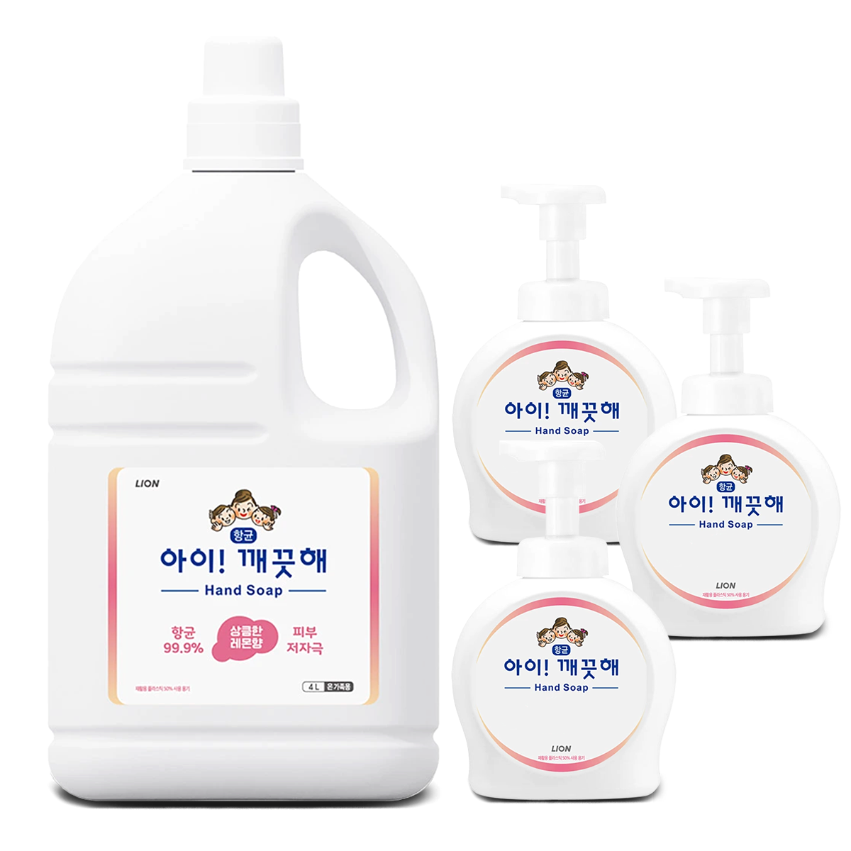 아이깨끗해 리필 대용량 핸드워시 4L+펌프용기490ml3개 거품비누 버블 핸드솝 손세정제