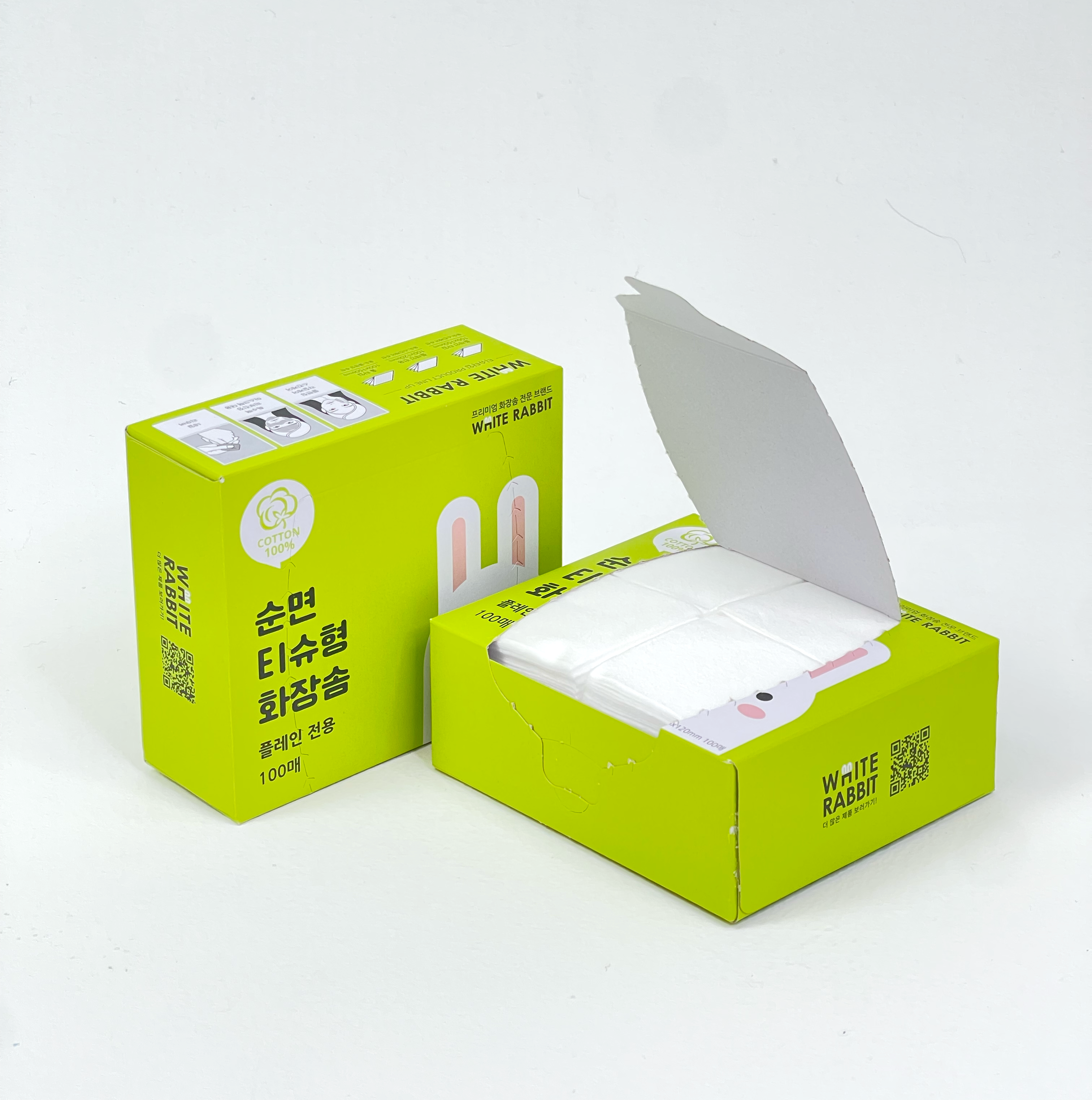 화이트래빗 티슈형 플레인타입 화장솜(100매x5박스) 100%천연순면 국내제조 닦토 DIY스킨팩 토너팩