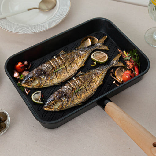 델라고 주물팬 생선구이 스테이크 인덕션그릴 팬 우드 IH